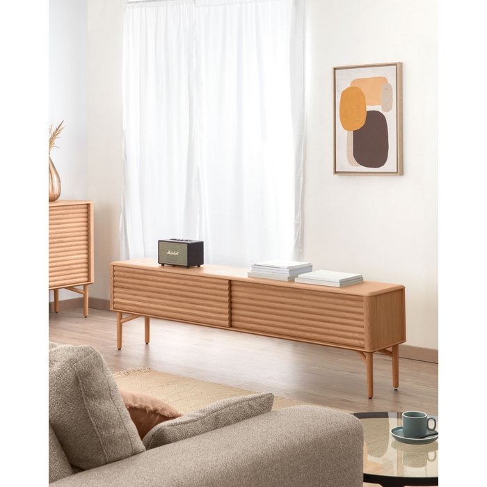 Mueble TV Lenon 200x57, 2 puertas, madera maciza y chapa roble