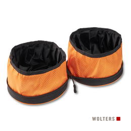 Portable, round pet food bowl in orange, magenta, petrol, and black colors with a diameter of 15 cm.