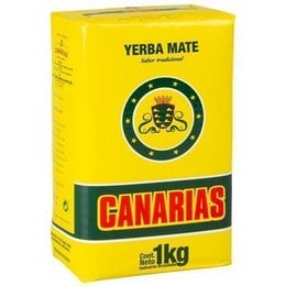 Yerba mate tea, 1 kg package, green and yellow packaging with Canarias brand logo.