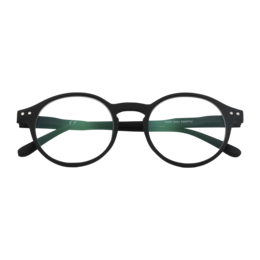 Black round computer glasses with green accents.