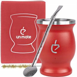 Red yerba mate tea set with stainless steel calebasse, bombilla, and brush.