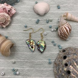 Handmade gold-toned shell earrings with iridescent abalone/paua mother of pearl accents, perfect for ocean-inspired jewelry.