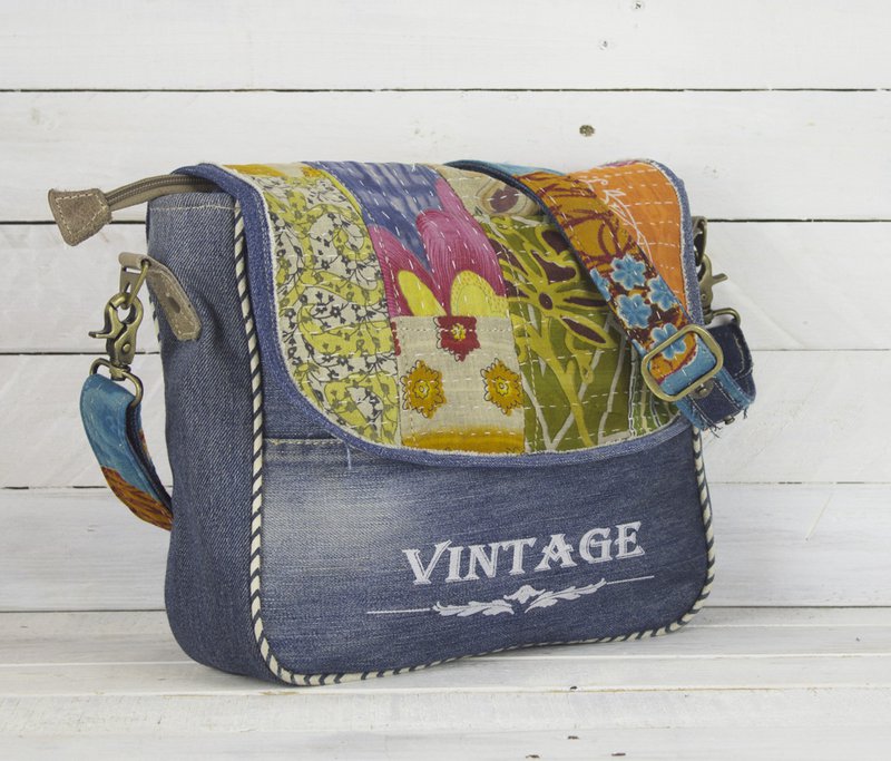 Bolso de hombro sostenible de mujer Sunsa. Bolso de hombro hecho de tela de jeans y sari reciclados (lienzo). Bolso estilo retro vintage. Bolso bandolera para mujer.