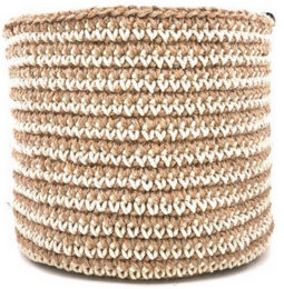  Handcrafted jute and off-white cotton basket, 18cm tall, with a striped pattern, created through crochet in Nepal.