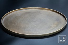 Round decorative metal tray in antique gold and bronze finish, 45 cm diameter, suitable for Japandi home decor.