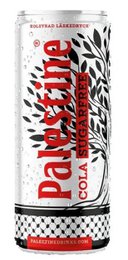  A sugar-free cola drink from Palestine with a bold, abstract design featuring black and white shapes on the can.