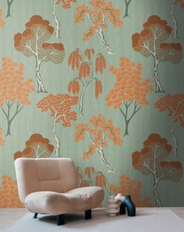  Orange floral tree pattern wallpaper, sage green background, botanical design, non-woven material, modern simplicity style.
