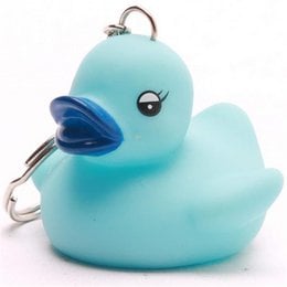 Turquoise blue rubber duck keychain with a ring for attaching to bags or keys. Suitable for children's bath toys.