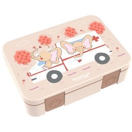 A brown and pink snack box with compartments, featuring a cute fire truck design with elephants. The box is lightweight and leak-proof, making it suitable for kids' snacks.