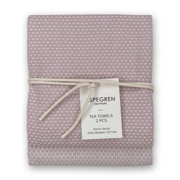  Tea towels made of a soft, textured cotton material in a light pink color. The towels feature a simple, minimalist design that would complement a variety of kitchen styles.