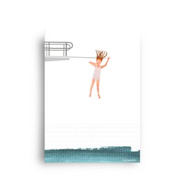 "Postcard with a person jumping into a pool. The postcard is titled 'a leap of faith' and is part of the 'Cards with Pictures' category. The product variants include a postcard with and without an envelope."