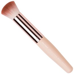 A round, pink foundation brush with a wooden handle and black stripes. Suitable for applying liquid or cream foundation evenly across the face.