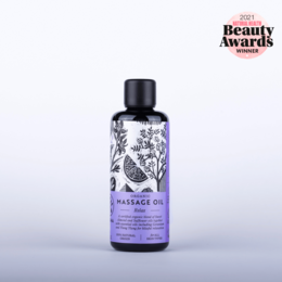 Relax Organic Massage Oil, a soothing and nourishing massage oil with a calming lavender scent, suitable for all skin types.