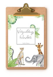 Tropical-themed birthday calendar with jungle animals including a giraffe and elephant. Features a blank space for writing in birthdays and events.