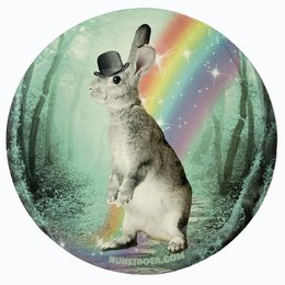 Sticker set featuring a whimsical rabbit wearing a top hat and bowtie, set against a colorful, magical forest background with a rainbow. The stickers are likely intended for party or decorative use.