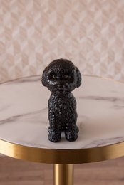Black poodle statue with a decorative frame in the background.