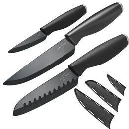 A set of 3 high-performance ceramic kitchen knives in black, including a chef's knife, a serrated knife, and a paring knife. The knives feature a durable ceramic blade and a comfortable black handle for secure grip.