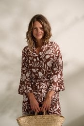 Terracotta flower print gauze robe dress, long sleeves, relaxed fit, botanical pattern women's clothing.