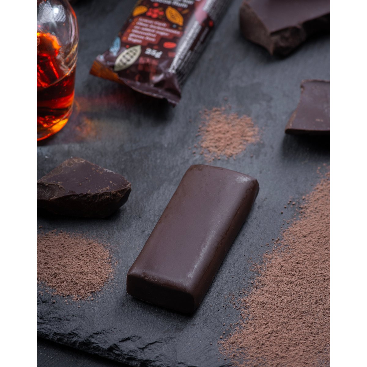 Barrita de chocolate Gourmet "Cacao y Ron" 25g - Chocolate Vegano, Sin Azúcares Añadidos y Sin Gluten (sin alcohol)