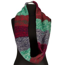 A colorful, striped scarf in shades of red, green, and blue. The scarf is 134cm long and 24cm wide, making it a versatile loop or wrap accessory.