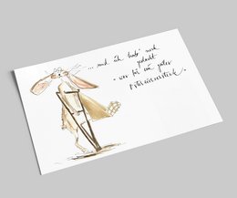 Whimsical Easter postcard with hand-drawn illustration of a hiding Easter egg and handwritten text.