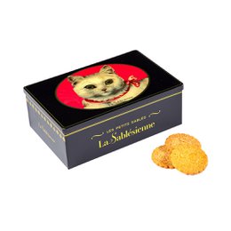 Shortbread cookies in a metal box with a white cat design. Includes chocolate chips. Packaged in a decorative box.