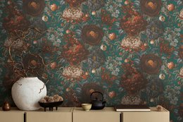  Green maximalistic floral non-woven wallpaper with botanical flowers, teal and rust tones, dense pattern design.