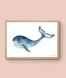 Watercolor illustration of a whale, a large marine mammal with a distinctive tail fin. This wall art poster features a detailed, lifelike depiction of the whale in shades of blue, suitable for decorating a room or office.
