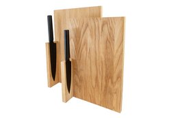 Rectangular wooden cutting board with knife holder. Made of natural wood material, suitable for kitchen use.