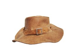 A wide-brimmed leather hat in a light tan color, featuring a buckle detail on the band.