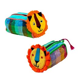 Colorful striped cloth case with a lion design, suitable for kids to store small items.