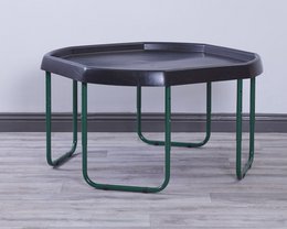  Adjustable height metal stand for a sensory tray. The tray is round and black in color, with a green metal frame.