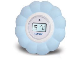 Blue flower-shaped baby room thermometer with digital display showing temperature of 19 degrees Celsius.