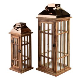  Wooden lanterns set, natural wood brown color, tall rectangular shape, glass panels, black roof, rustic style