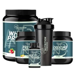 The Muscle Building Package includes a variety of whey protein supplements in different flavors such as strawberry, chocolate, cinnamon, and vanilla. The package contains products that can help support muscle growth and recovery.