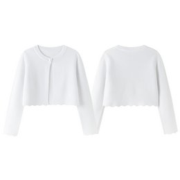  White cropped cardigan with long sleeves and a round neckline. Suitable for party fashion accessories.