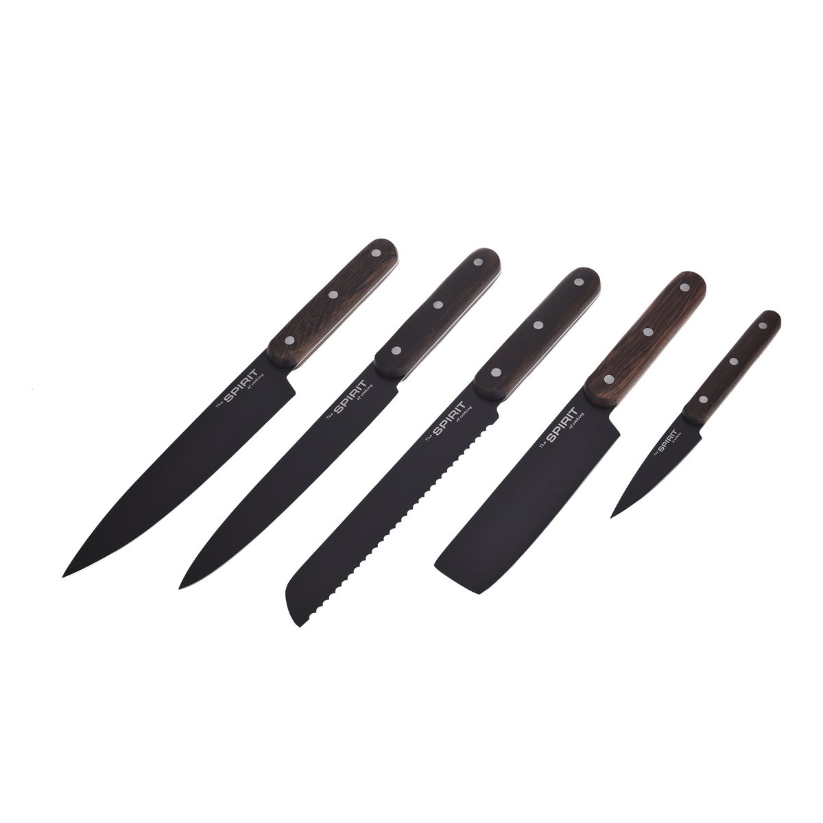 SOSL, Set de 5 Pièces, Ensemble Couteaux de Cuisine, Set Acier Inoxydable, Titane, avec Bloc en Bois d'Acacia, Couteaux de Chef, Pain, Écumoire,Viande, Poisson, Lame Noire