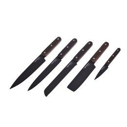SOSL, Set de 5 Pièces, Ensemble Couteaux de Cuisine, Set Acier Inoxydable, Titane, avec Bloc en Bois d'Acacia, Couteaux de Chef, Pain, Écumoire,Viande, Poisson, Lame Noire