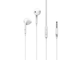  White in-ear earbuds with microphone, 3.5mm jack, 1.2m cable, wired headphones for music and calls.