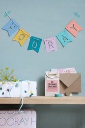 Colorful party bunting with the text "Hooray" displayed on a shelf, along with a gift box wrapped in twine.