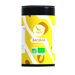 Organic baobab powder in a 200g container. Baobab is a superfood rich in vitamin C, fiber, and antioxidants. This powder can be added to smoothies, yogurt, or baked goods.