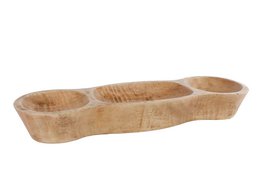  Rectangular wooden serving tray with three compartments, suitable for serving snacks or appetizers. Made of natural mango wood, measures approximately 38 x 12 x 5 cm.