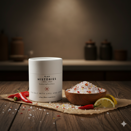  Sea salt from Crete with chili and lemon, packaged in a white container with the brand name "Histories" printed on it. The salt is accompanied by a small bowl containing a spice mix or garnish.