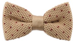 A knitted bow tie in a tan and burgundy color, featuring a textured pattern resembling a honeycomb or woven design. The bow tie has a classic shape and is presented on a black card with the brand name "Sir Redman" displayed.