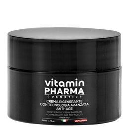 Anti-aging regenerating cream in a black jar with the Vitamin Pharma logo. The cream has a smooth, white texture visible in the image.