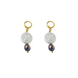  Coin freshwater pearl huggie earrings with purple pearls, made by Ifemi Jewels. The earrings feature round white freshwater pearls and purple pearls, with a gold-tone metal hoop.