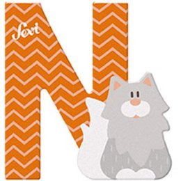  Wooden letter N toy with a cute gray cat design, featuring an orange and white chevron pattern. Suitable for children's room decor or as a playful educational toy.