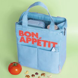  Light blue isothermic lunch bag with "Bon Appétit" text in red. The bag has a zipper closure and handles for carrying.
