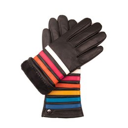  Black leather gloves with colorful striped pattern, suitable for cold weather.