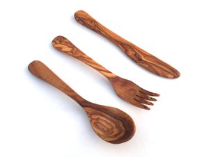 3er Set Besteck 3 Teile Tafelbesteck Gabel Löffel Messer aus Olivenholz